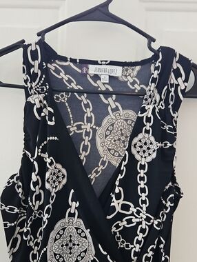 Jennifer Lopez Black and Cream Chain-Print Wrap Dress